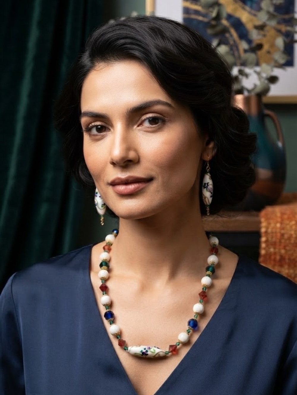 Handcrafted Multicolor Porcelain Bead Necklace and Earring Set